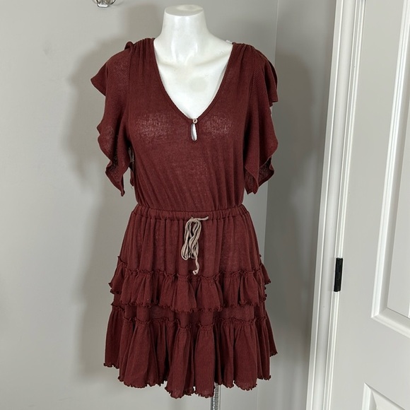 Free People Beach Womens Harper Tiered Mini Dress Burgundy Ruffled size XS - Picture 2 of 12